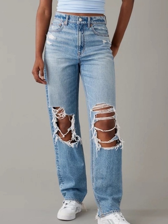 American Eagle Outfitters Denim - American Eagle Highest Rise Baggy Straight Destroyed Jeans   Size: 8 Regular